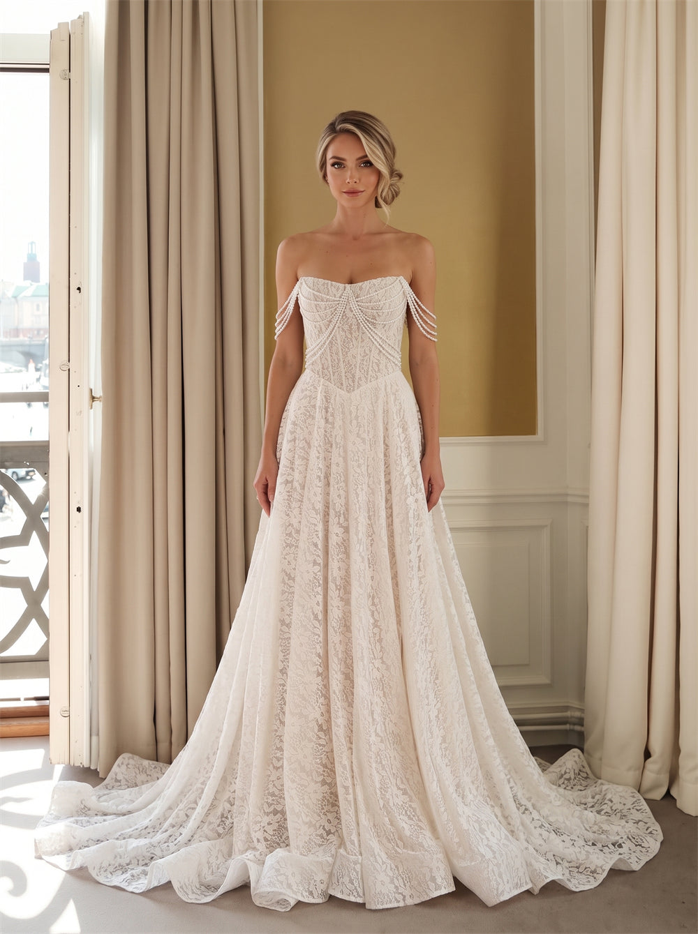 Wedding Dress Strapless Sweetheart Multi Strand Pearl Chain Strap Lace Up Back Floral Lace Floor Length Sweep Train Bridal Gown