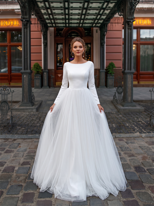 Bateau Neck Long Sleeve Satin Bodice Tulle A Line Wedding Dress Deep V Low Back Soft Clean Bridal Gown