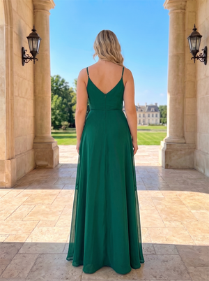 Plus Size Wrap V Neck Spaghetti Strap Chiffon Bridesmaid Dress Ruffle High Slit Waist Tie Open Back Emerald Green Formal Wedding Guest Evening Gown