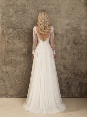 Long Sleeve Floral Lace Chiffon Wedding Dress V Neck Keyhole Front Deep V Back Soft A Line Elegant Formal Bridal Dress