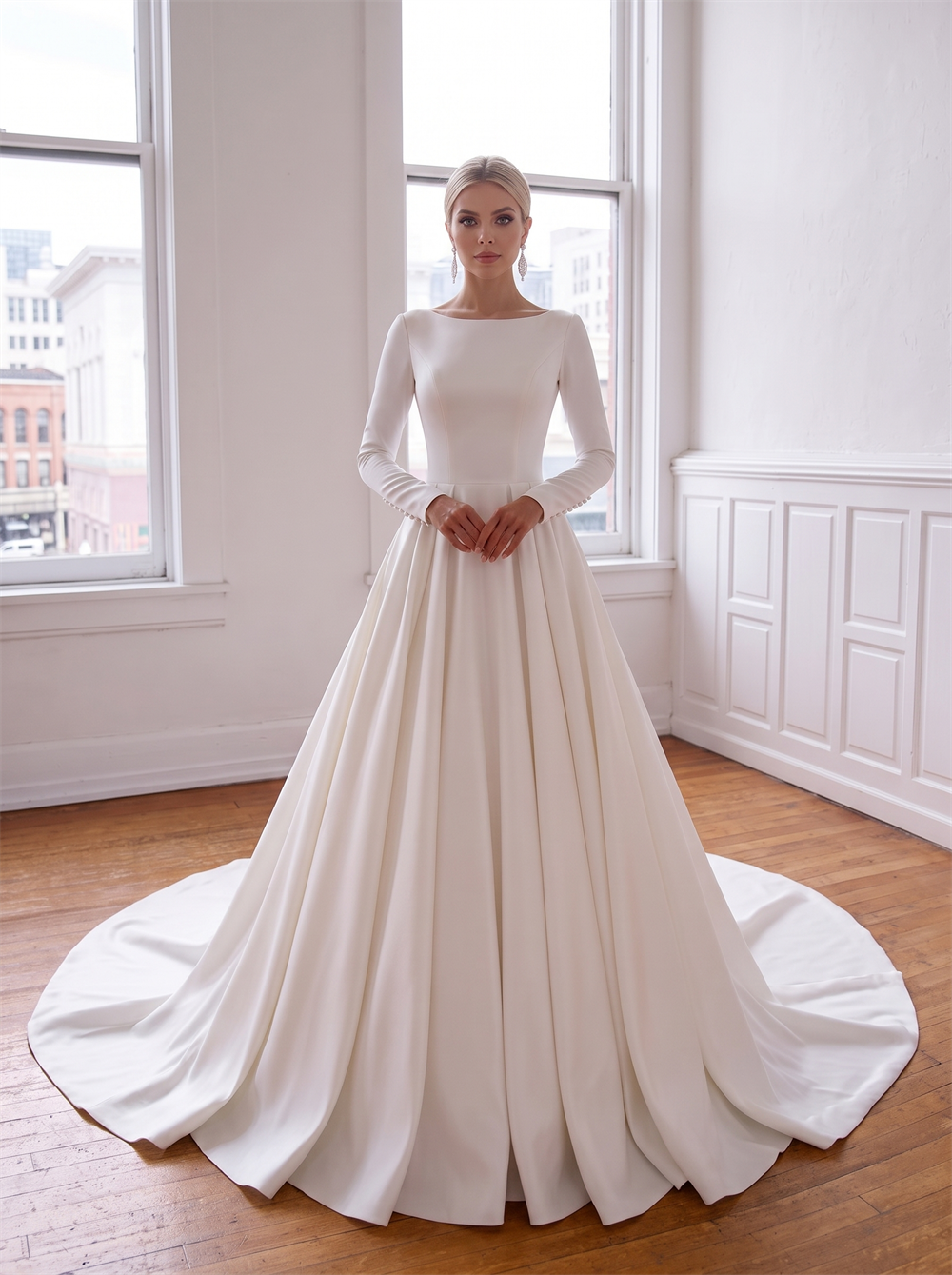 Bateau Neck Long Sleeve Satin Ball Gown Wedding Dress Full Button Back Voluminous Minimalist Bridal Gown