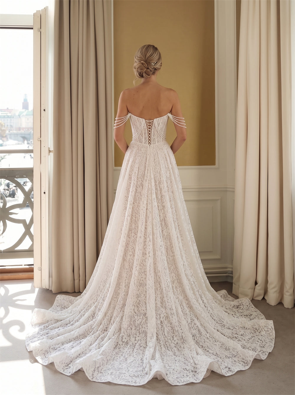 Wedding Dress Strapless Sweetheart Multi Strand Pearl Chain Strap Lace Up Back Floral Lace Floor Length Sweep Train Bridal Gown