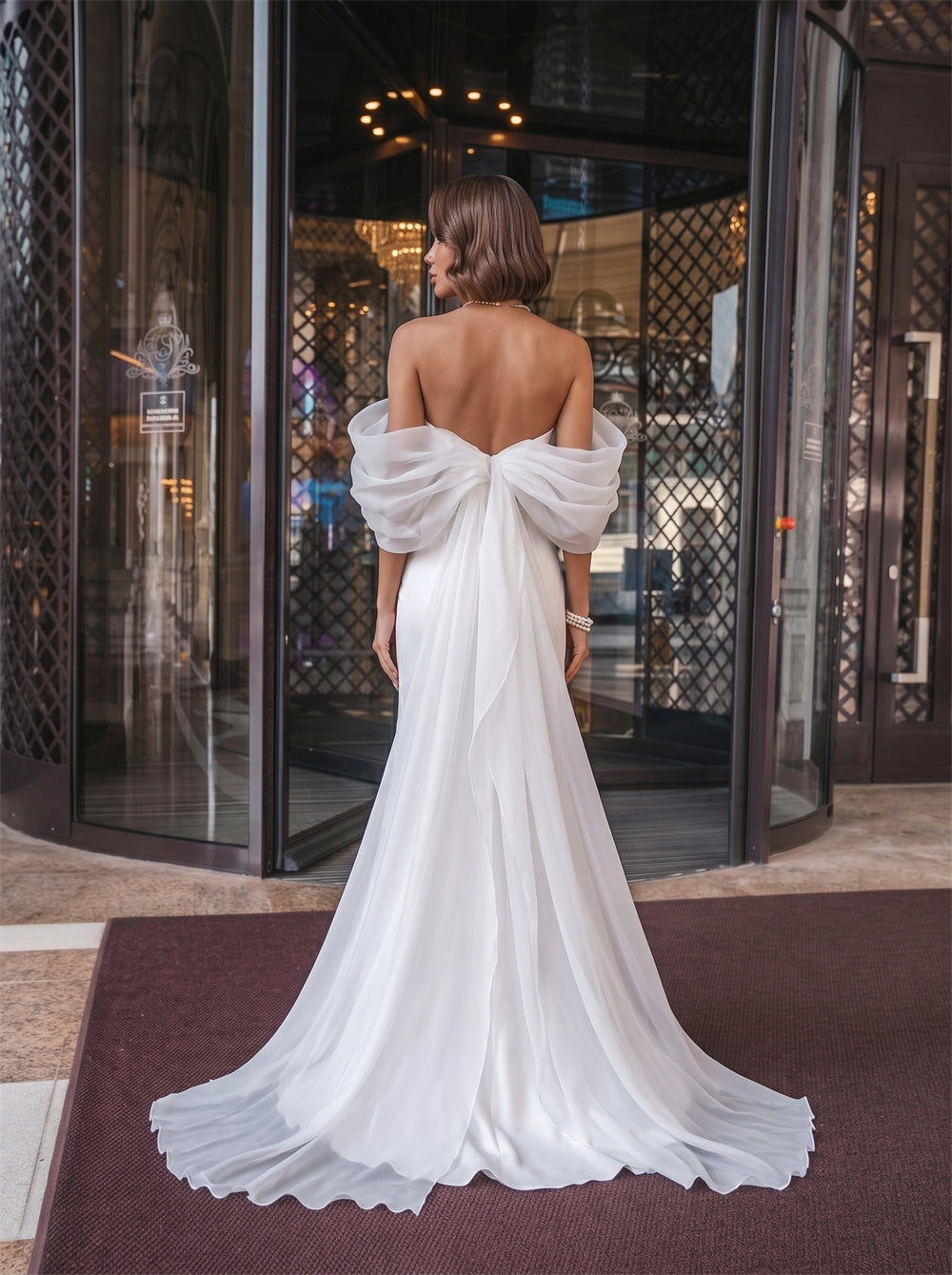 Off-The-Shoulder White Satin Mermaid Wedding Dress Organza Puff Sleeve Back Bow Elegant Fitted Formal Bridal Dress
