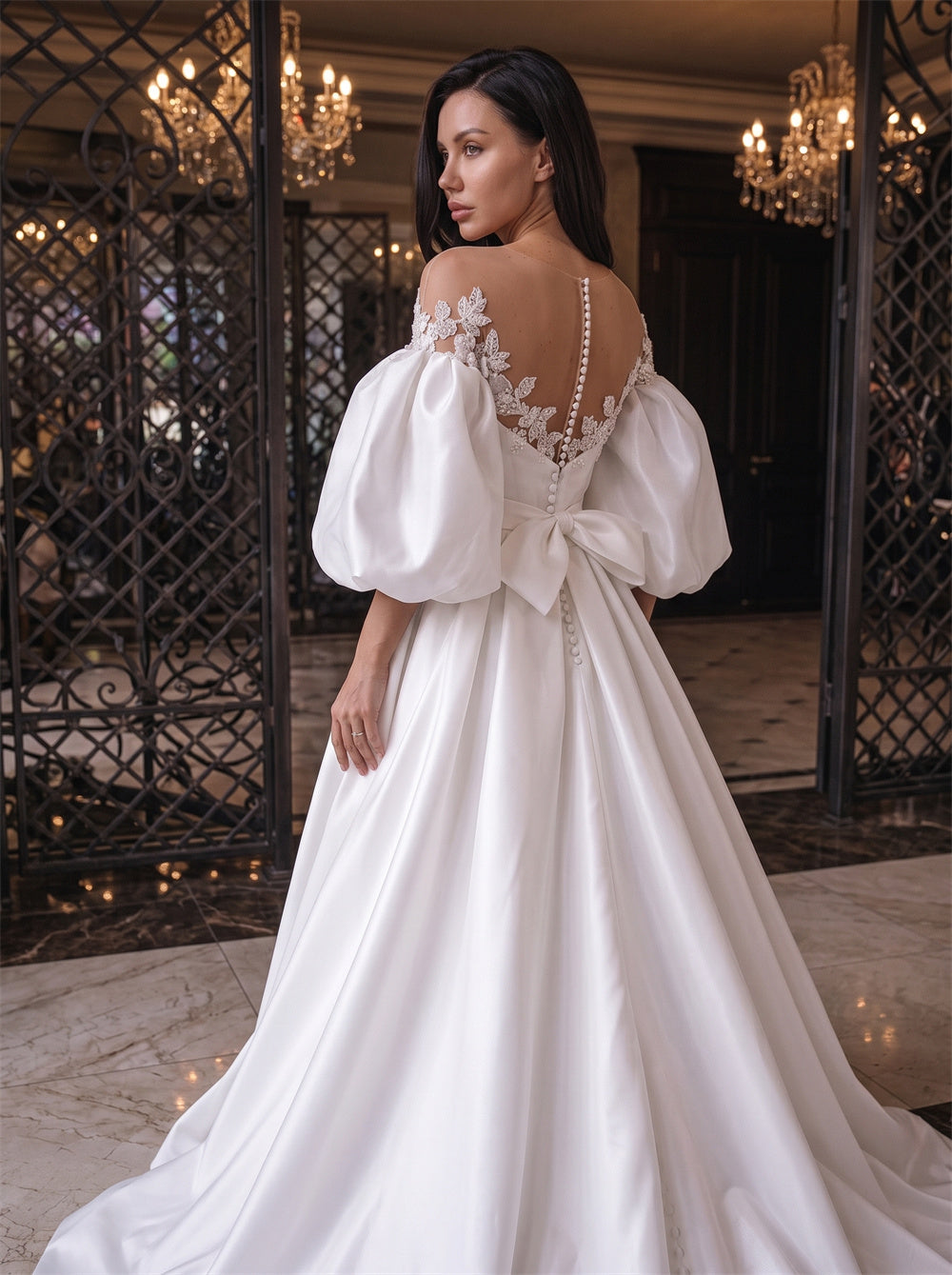 Off Shoulder Puff Sleeve Lace Illusion Back Pearl Button Bow A Line Satin Wedding Dress Bridal Dress