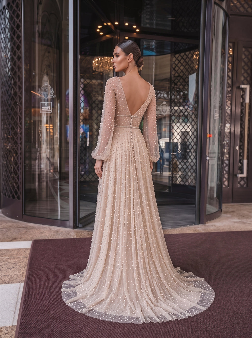 V Neck Puff Sleeve Pearl Beaded Deep V Back Tulle A Line Evening Dress