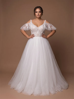 Plus Size Off Shoulder Flutter Sleeve Tulle Wedding Dress Lace V Neck Corset Back A Line Bridal Dress