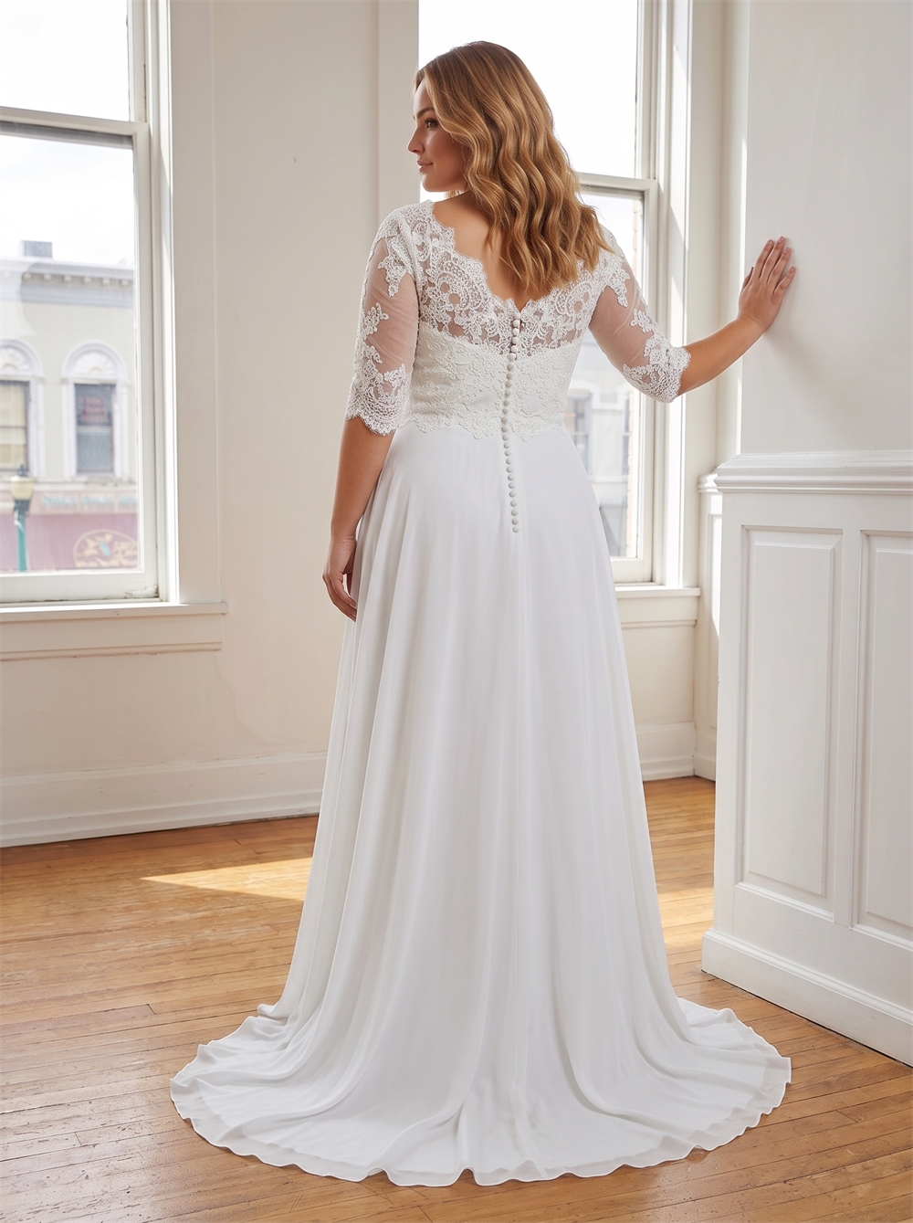 Plus Size V Neck 3/4 Lace Sleeve Chiffon A Line Wedding Dress Vertical Pearl Button Back Soft Bridal Gown