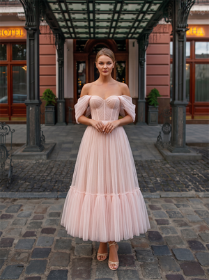 Off Shoulder Dot Tulle Corset Midi Wedding Dress Tiered Tea Length Blush Prom Gown