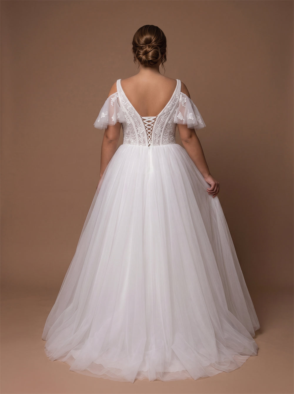 Plus Size Off Shoulder Flutter Sleeve Tulle Wedding Dress Lace V Neck Corset Back A Line Bridal Dress