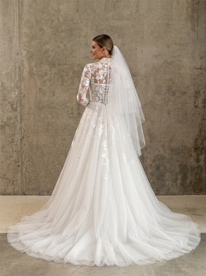 Modest High Neck Lace Tulle Wedding Dress Long Sleeve Sheer Back Pearl Button Full A Line Formal Bridal Dress