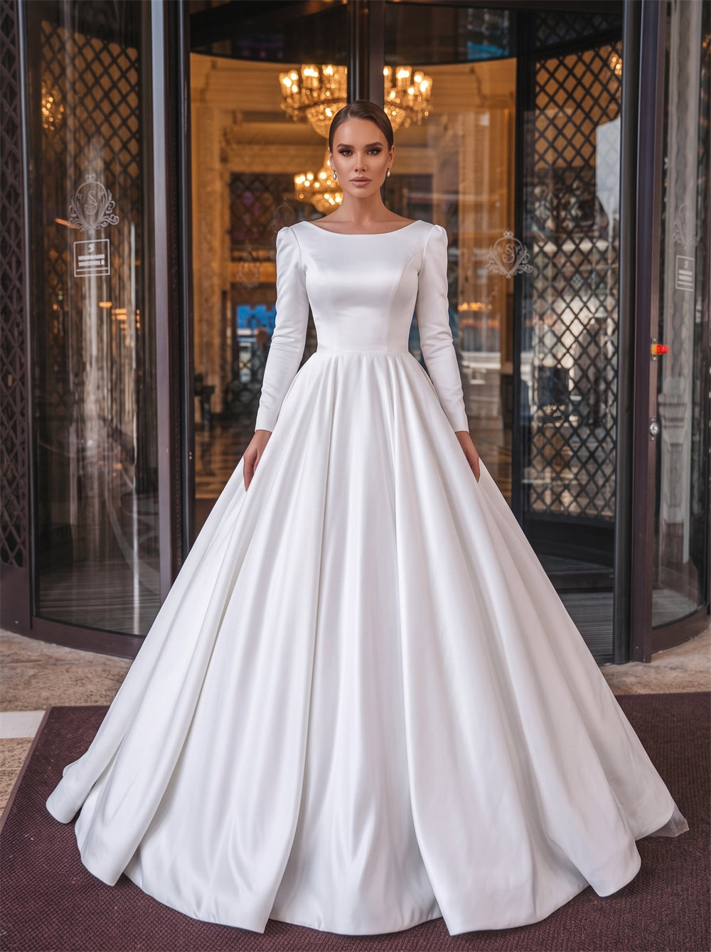 Boat Neck Long Sleeve Crystal Sash Deep V Back Satin Ball Gown Wedding Dress Bridal Dress