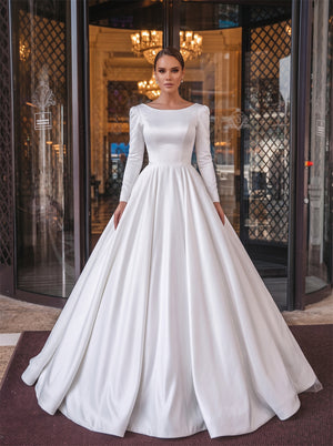 Boat Neck Long Sleeve Crystal Sash Deep V Back Satin Ball Gown Wedding Dress Bridal Dress