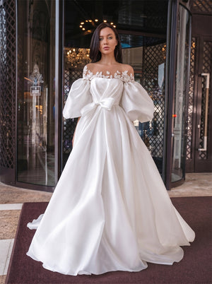Off Shoulder Puff Sleeve Lace Illusion Back Pearl Button Bow A Line Satin Wedding Dress Bridal Dress