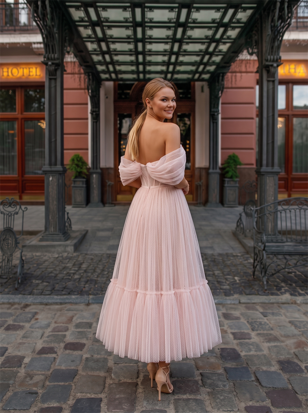 Off Shoulder Dot Tulle Corset Midi Wedding Dress Tiered Tea Length Blush Prom Gown