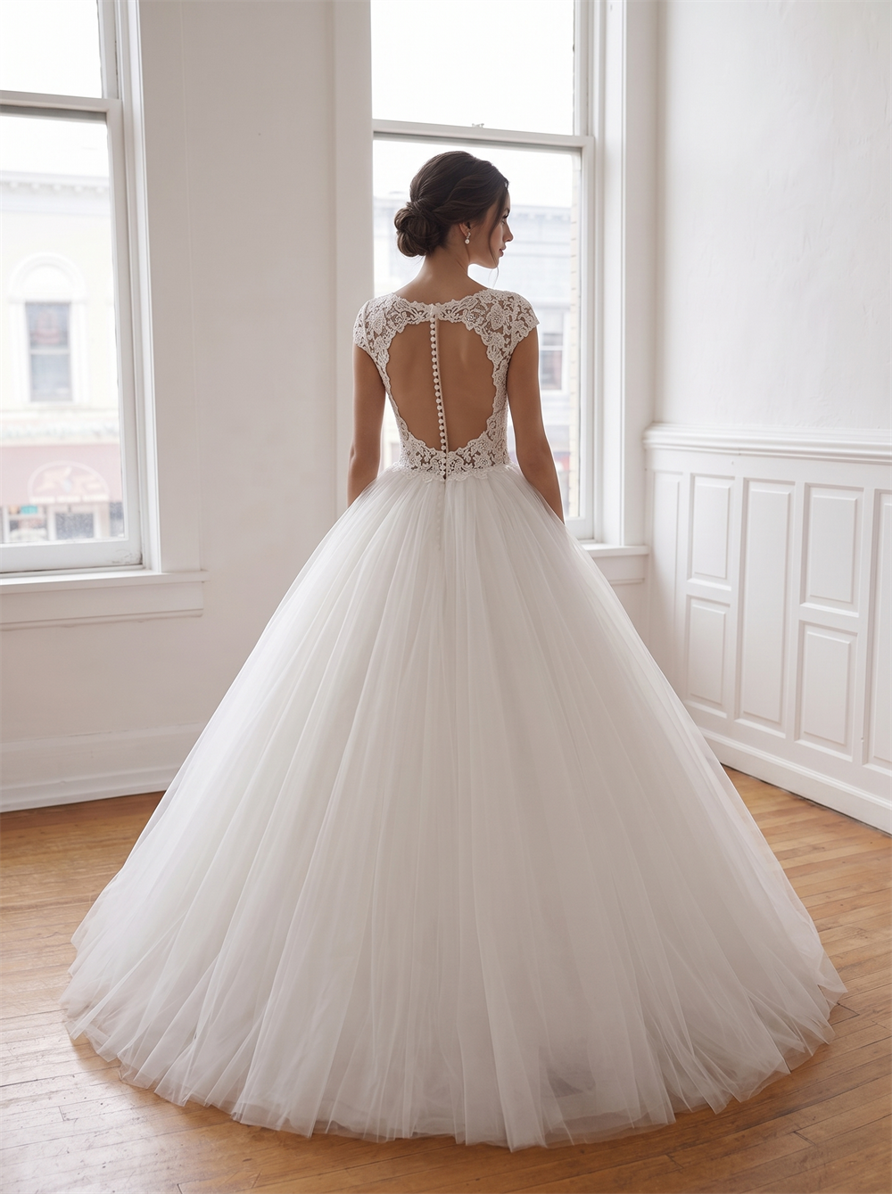 Boat Neck Lace Tulle Ball Gown Wedding Dress Heart Cutout Back Button Bridal Gown