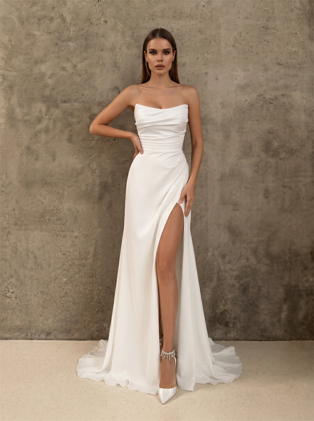 Strapless Ruched Satin Wedding Dress Corset Lace Up Back High Slit Fitted Mermaid Elegant Bridal Dress