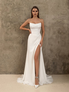 Strapless Ruched Satin Wedding Dress Corset Lace Up Back High Slit Fitted Mermaid Elegant Bridal Dress