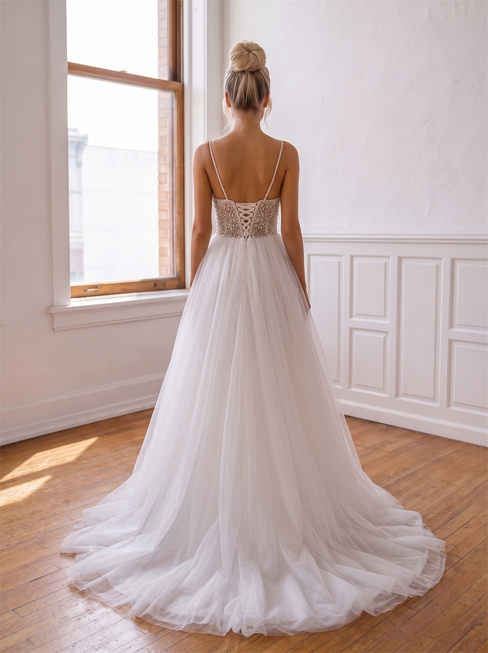 Spaghetti Strap V Neck Beaded Bodice Tulle Wedding Dress Lace Up Back Glitter A Line Bridal Gown
