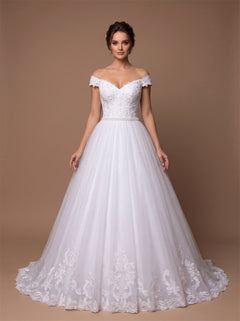 Off Shoulder Glitter Tulle Wedding Dress Lace Bodice Pearl Waistband A Line Long Train Bridal Dress