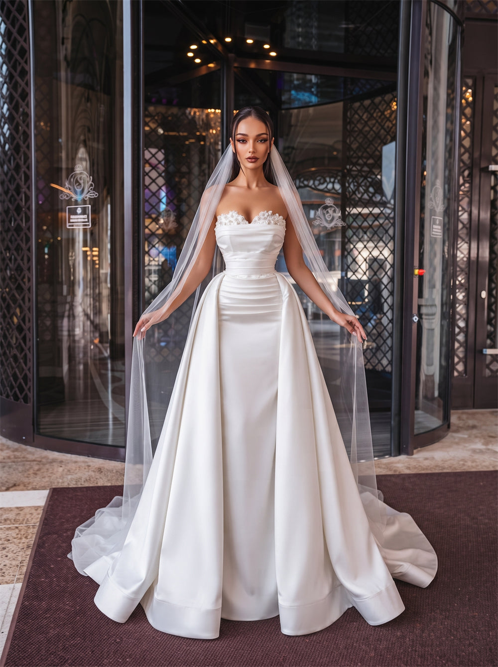 Strapless Beaded Satin 2 In 1 Wedding Dress Corset Lace Up Back Removable Overskirt Mermaid A Line Formal Bridal Dress