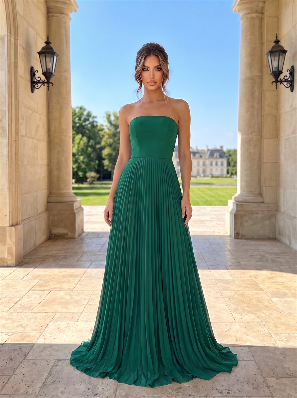 Strapless Tube Top Pleated Chiffon Bridesmaid Dress A-Line Floor Length Hidden Back Zipper Emerald Green Formal Wedding Guest Evening Gown