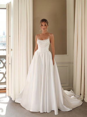 Wedding Dress Multi-Layer Pearl Cowl Neck Thin Spaghetti Strap Corset Back Large Bow White Satin Floor Length Sweep Train Bridal Gown
