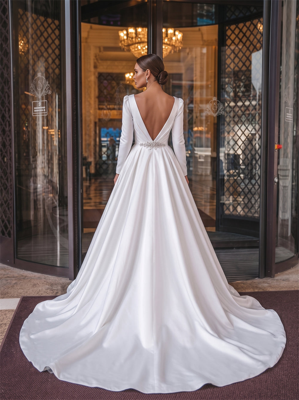 Boat Neck Long Sleeve Crystal Sash Deep V Back Satin Ball Gown Wedding Dress Bridal Dress
