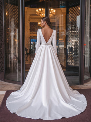 Boat Neck Long Sleeve Crystal Sash Deep V Back Satin Ball Gown Wedding Dress Bridal Dress