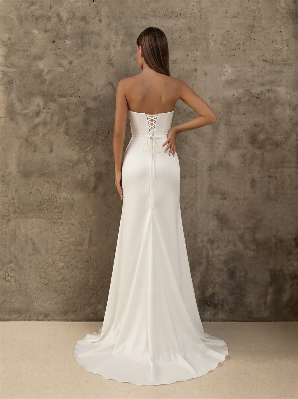 Strapless Ruched Satin Wedding Dress Corset Lace Up Back High Slit Fitted Mermaid Elegant Bridal Dress