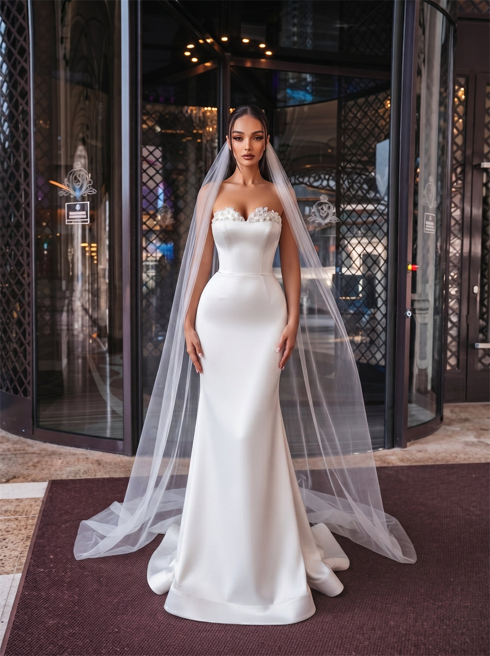 Strapless Beaded Satin 2 In 1 Wedding Dress Corset Lace Up Back Removable Overskirt Mermaid A Line Formal Bridal Dress