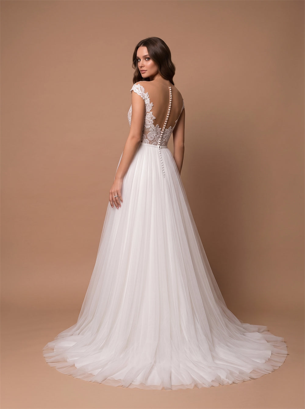 Cap Sleeve Illusion Lace Tulle Wedding Dress Deep V Sheer Back Pearl Button A Line Long Train Bridal Dress