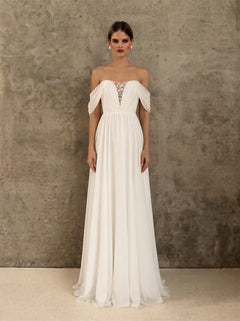 Off-The-Shoulder Empire Waist Chiffon Wedding Dress Beaded Lace V Back Flowy A Line Elegant Formal Bridal Dress