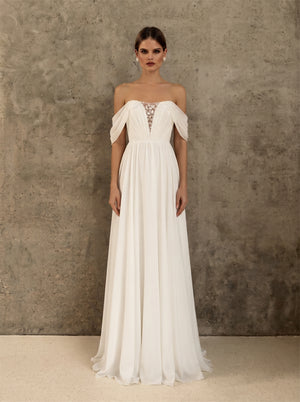 Off-The-Shoulder Empire Waist Chiffon Wedding Dress Beaded Lace V Back Flowy A Line Elegant Formal Bridal Dress