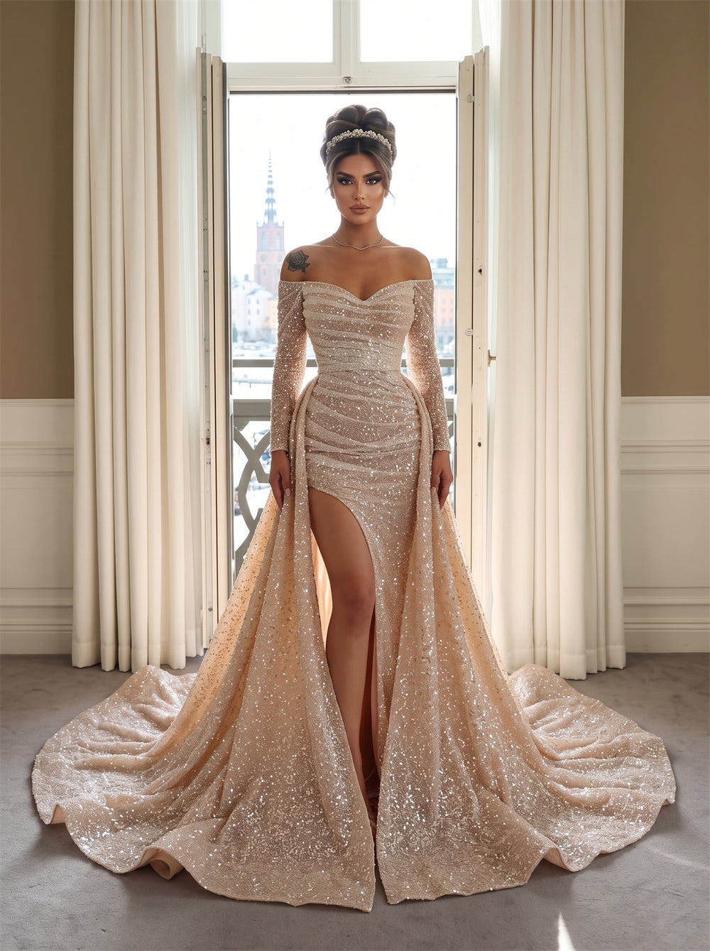 Prom Dress Off Shoulder Sweetheart Ruched Mermaid Inner Skirt Detachable Overskirt Champagne Glitter Sequin Floor Length Formal Gown
