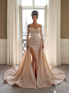 Prom Dress Off Shoulder Sweetheart Ruched Mermaid Inner Skirt Detachable Overskirt Champagne Glitter Sequin Floor Length Formal Gown