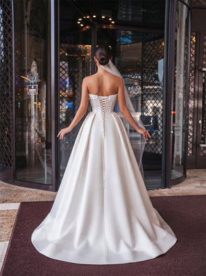 Strapless Beaded Satin 2 In 1 Wedding Dress Corset Lace Up Back Removable Overskirt Mermaid A Line Formal Bridal Dress