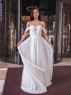 Off Shoulder Lace Inset Pearl Button Chiffon A Line Wedding Dress Bridal Dress