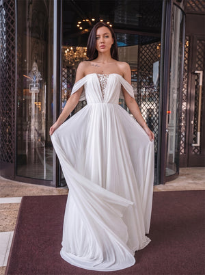 Off Shoulder Lace Inset Pearl Button Chiffon A Line Wedding Dress Bridal Dress