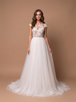 Cap Sleeve Illusion Lace Tulle Wedding Dress Deep V Sheer Back Pearl Button A Line Long Train Bridal Dress