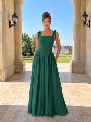 Square Neck Tie Bow Spaghetti Strap Chiffon Bridesmaid Dress Empire Waist A-Line Emerald Green Formal Wedding Guest Evening Gown