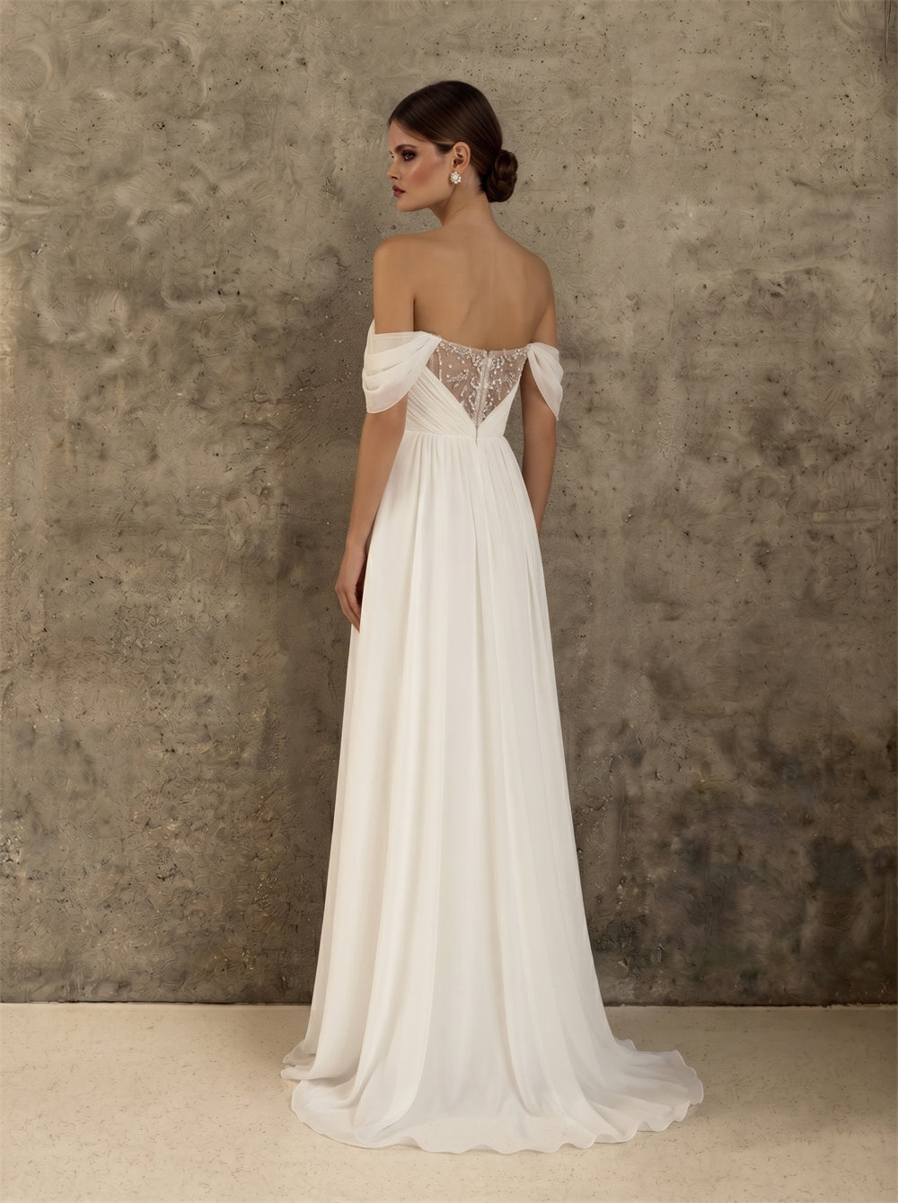 Off-The-Shoulder Empire Waist Chiffon Wedding Dress Beaded Lace V Back Flowy A Line Elegant Formal Bridal Dress