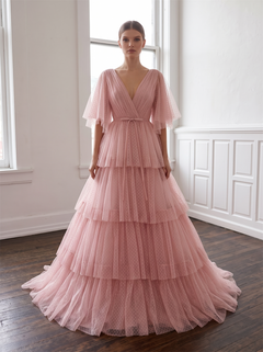 Blush Polka Dot Tulle Tiered Prom Dress V Neck Flutter Sleeve Sash Bow Deep V Back A Line Long Evening Gown