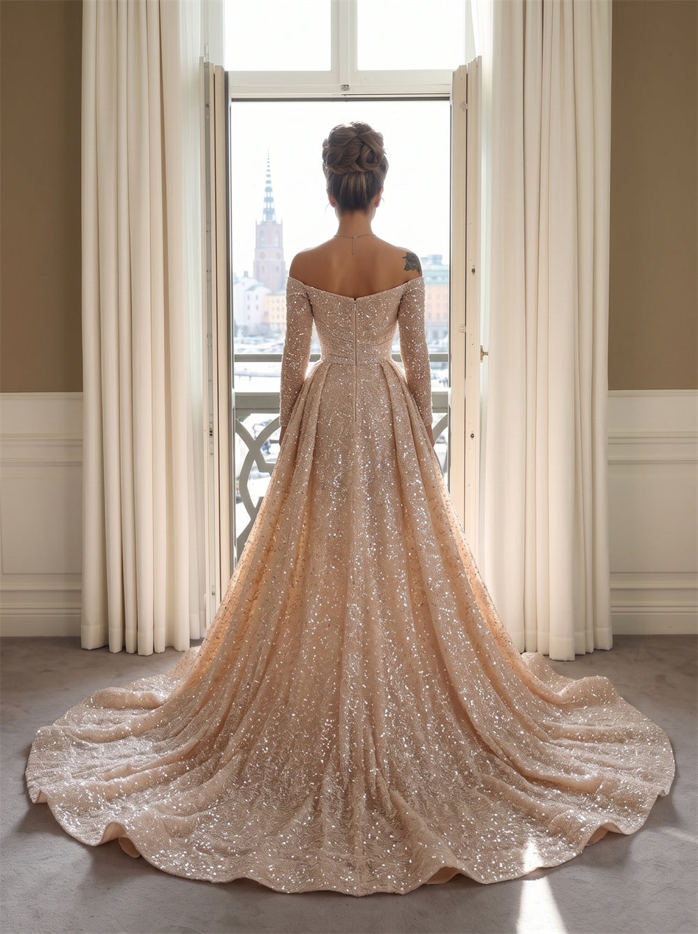 Prom Dress Off Shoulder Sweetheart Ruched Mermaid Inner Skirt Detachable Overskirt Champagne Glitter Sequin Floor Length Formal Gown