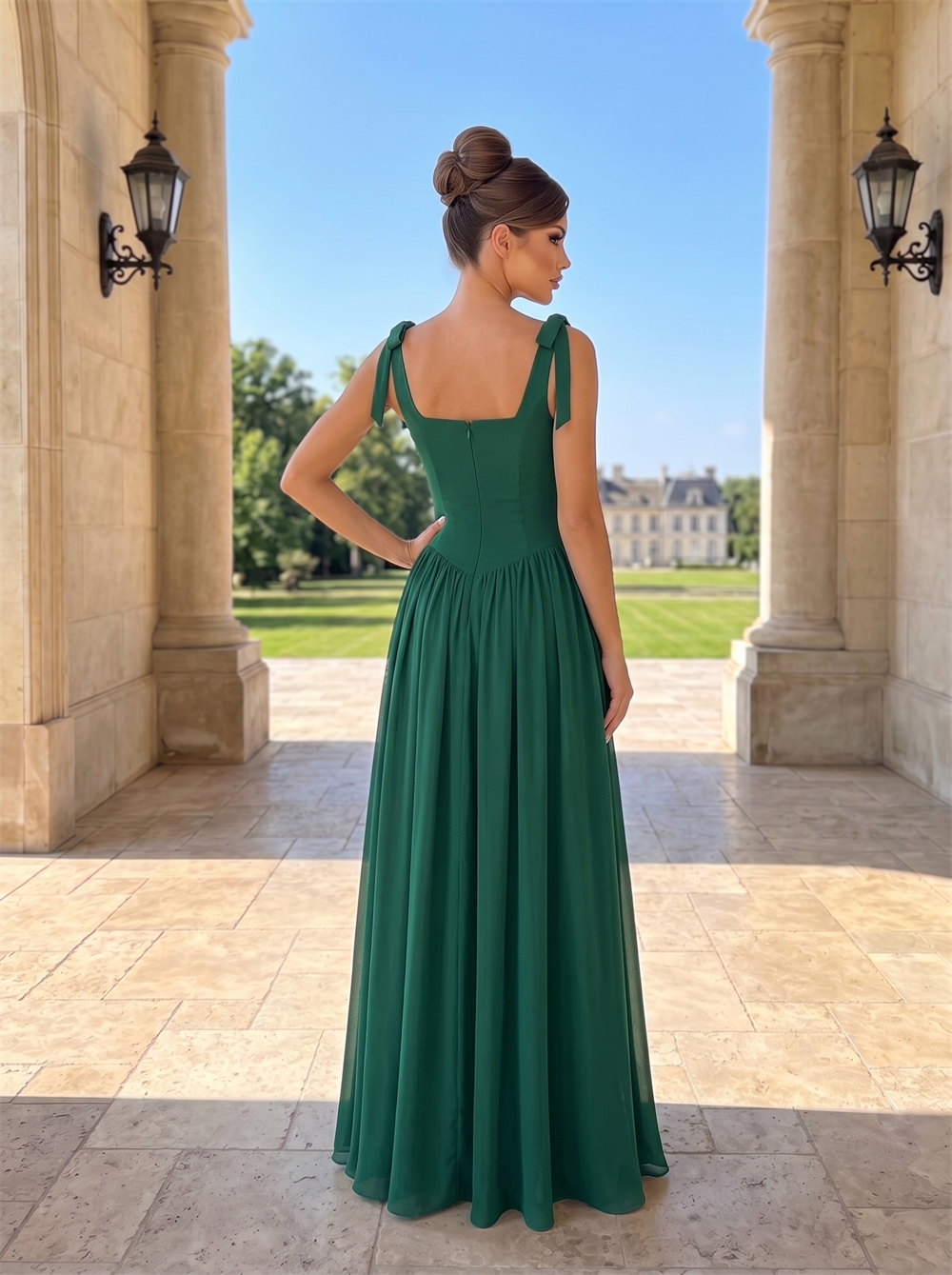 Square Neck Tie Bow Spaghetti Strap Chiffon Bridesmaid Dress Empire Waist A-Line Emerald Green Formal Wedding Guest Evening Gown