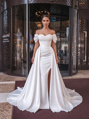 Off-The-Shoulder Bow Satin Convertible Wedding Dress Corset Lace Up Back Removable Overskirt High Slit Formal Bridal Dress