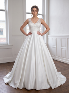 V Neck Lace Spaghetti Strap Satin Wedding Dress With Detachable Waist Sash Pearl Button Back Ball Gown