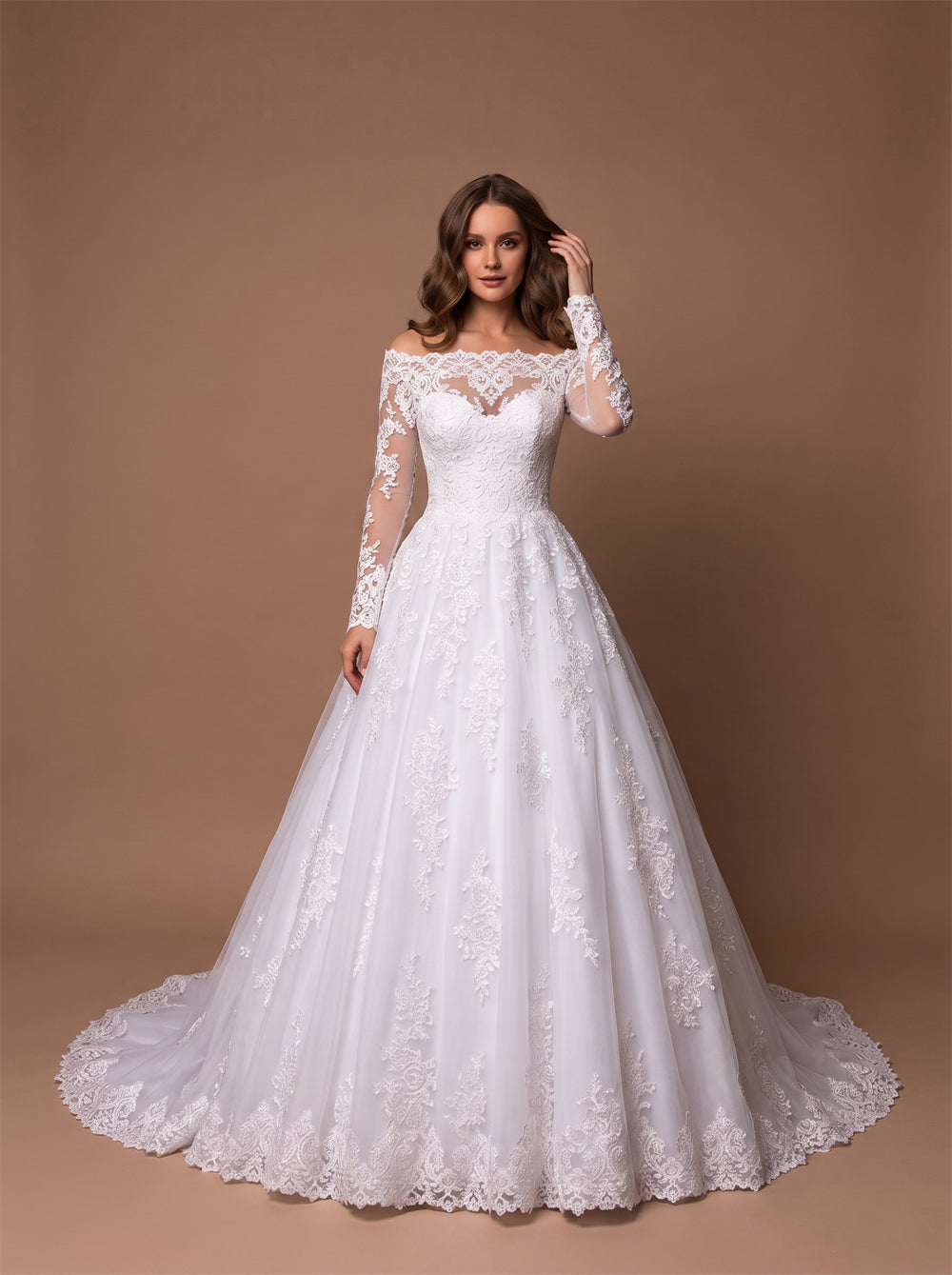 Off Shoulder Long Lace Sleeve Tulle Wedding Dress Floral Lace Applique Illusion Back Pearl Button Ball Gown Long Train Bridal Dress