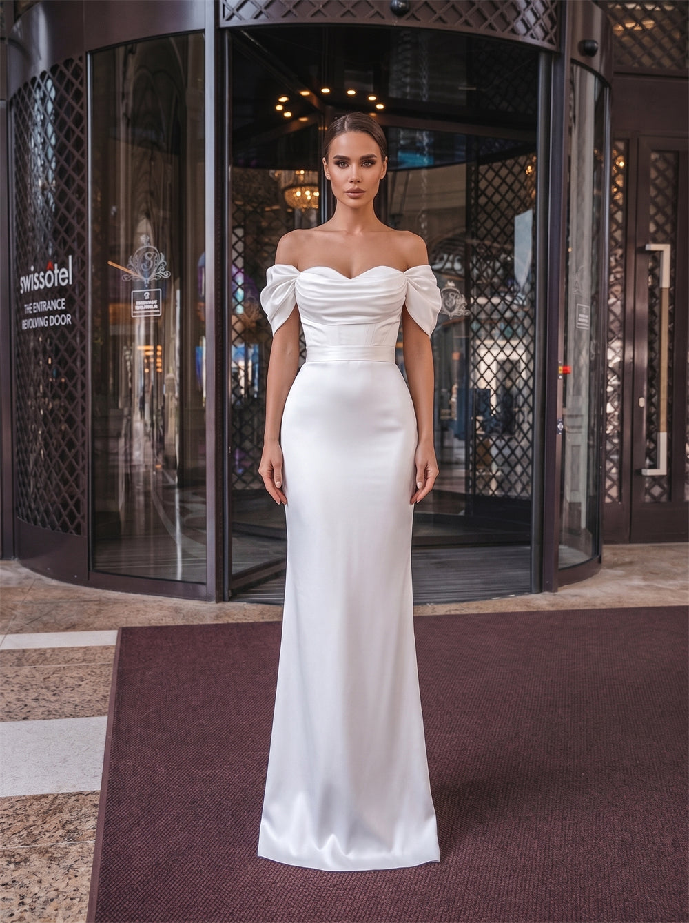 Off-The-Shoulder Bow Satin Convertible Wedding Dress Corset Lace Up Back Removable Overskirt High Slit Formal Bridal Dress