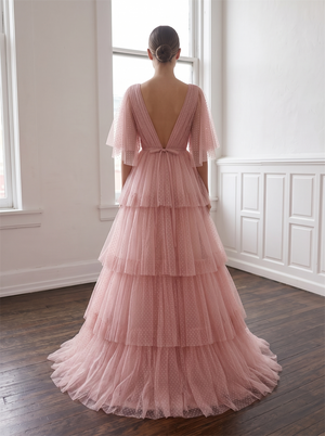 Blush Polka Dot Tulle Tiered Prom Dress V Neck Flutter Sleeve Sash Bow Deep V Back A Line Long Evening Gown