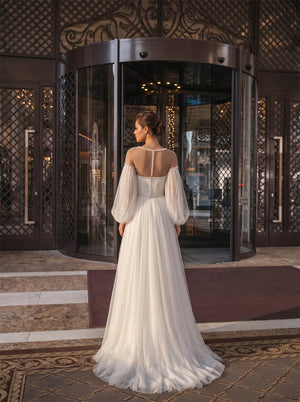 Illusion High Neck Puff Sleeve Pearl Button Tulle A Line Wedding Dress Bridal Dress